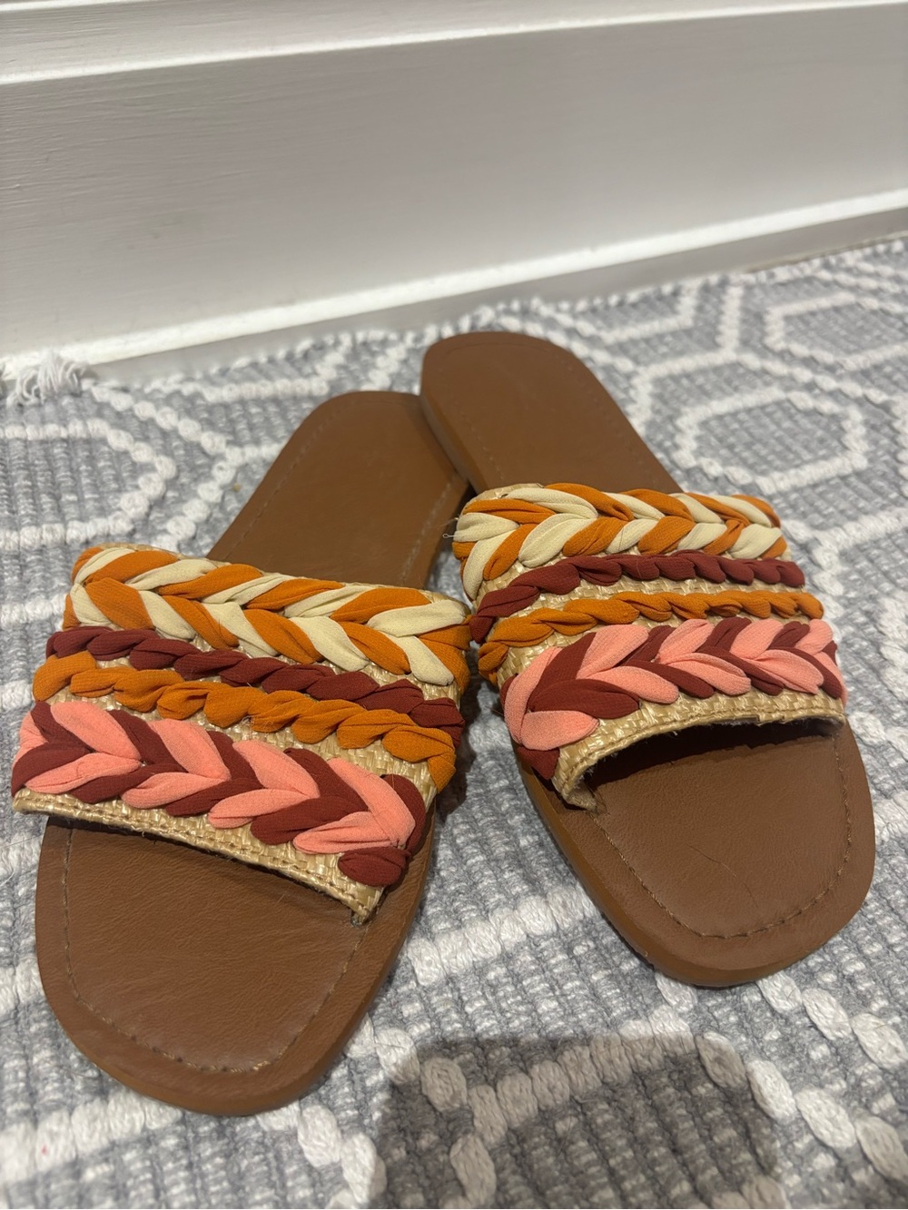 Universal Thread Brown Slide Sandals with Multicolor Braided Straps